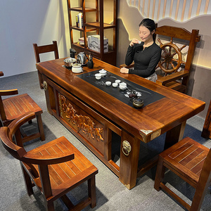 实木茶桌椅组合中式客厅一桌五椅高端茶几老船木一体办公新款茶台