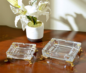 欧式水晶玻璃镶铜方形大号烟灰缸别墅客厅茶几烟碟装饰摆件送礼