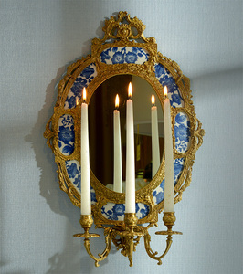 欧式椭圆形青花镜子烛台壁饰美式别墅陶瓷配铜挂镜壁橱玄关装饰镜