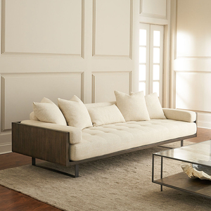 美式铁艺实木雕刻三人沙发轻奢客厅木布结合矮靠背亚麻沙发定制