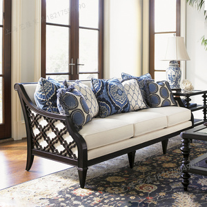 高端实木定制美式客厅家具组合雕花靠背藤布艺三人沙发复古整套