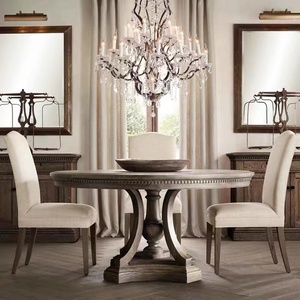 美式复古做旧餐桌椅组合实木风化灰圆形餐桌简欧后现代高端家具