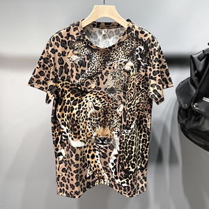 2022年夏季ins豹纹短袖圆领印花豹子图案潮流精神t恤休闲时尚上衣