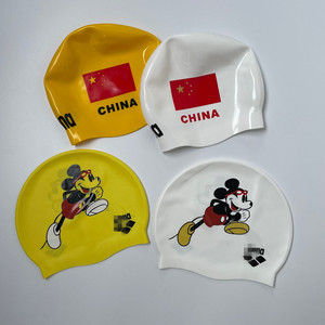 外贸原单竞赛用国旗游泳帽卡通米奇图案儿童学生男女成人通用泳帽