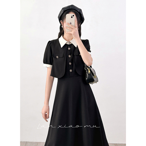 兰小慕法式假两件气质高级感黑色短袖连衣裙女2024夏季女装裙子