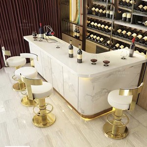 简约现代实木金不锈钢奶茶店收银咖啡带灯转角弧形大理石酒水吧台