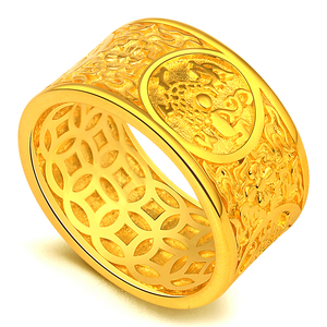999足金黄金四神兽戒指男士霸气个性时尚单身潮人宽版板指食指环