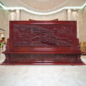 实木雕刻大型落地屏风迎客松定制中式大厅玄关公司背景隔断墙座屏