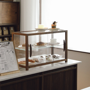 枝荫复古黑胡桃木实木玻璃面包展示柜咖啡店甜品茶具陈列架收纳柜