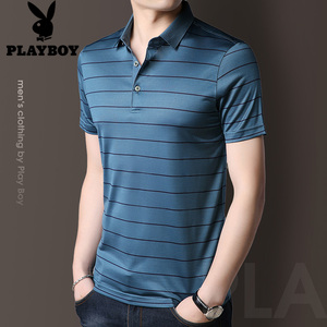 花花公子桑蚕丝男士短袖t恤夏季薄款条纹真丝体恤宽松冰丝polo衫