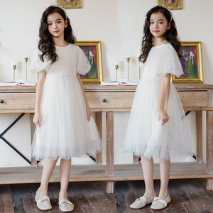 女童白色连衣裙夏装2024新款夏季公主裙子大童儿童演出服蓬蓬纱裙