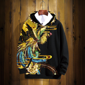 国潮黑色连帽卫衣男春季中国复古风男装凤凰图案薄款外套休闲衣服