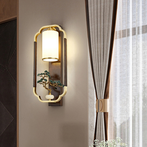 新中式全铜床头灯胡桃木古典高端壁灯禅意楼道灯具客厅电视背景灯