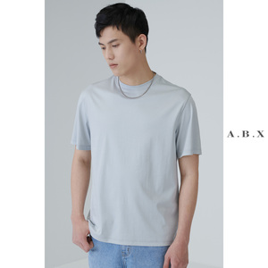 夏季新款液氨双面丝光棉t恤男宽松圆领短袖tee男士纯棉浅蓝色体恤