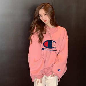 日本正品代购champion冠军加绒卫衣女圆领宽松慵懒粉色秋