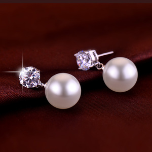 时尚个性贝壳珍珠纯银耳钉女大气质闪耳环坠长款饰品吊坠结婚欧美
