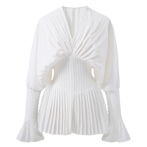 小众设计白色衬衫ins风V领喇叭袖百褶束腰显瘦长袖上衣女