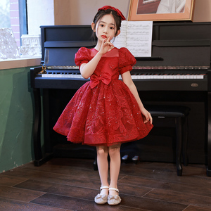 六一儿童节礼服小女孩公主裙钢琴演奏演出服高端女童红色主持人夏