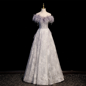 敬酒服新娘结婚高级感名媛高端一字肩气质羽毛晚礼服主持人礼服女