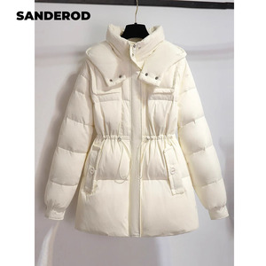 SANDEROD米白色中款免洗羽绒服女冬季新款收腰显瘦白鸭绒保暖外套
