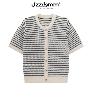 九州诚品/JZZDEMM法式杏黑条纹毛线编织高级感宽松针织短袖开衫女