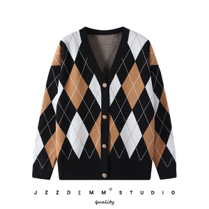 菱形格子开衫中长款