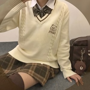 日系情侣装毛衣男女小熊jk制服套装刺绣秋冬学院风长袖套头针织衫