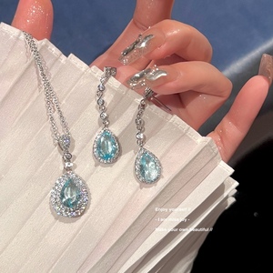 【乔老板Joy】海蓝宝石项链人造套装耳环仙气闪钻925银针轻奢质感