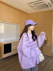 特大码300斤紫色卫衣女秋冬韩版新款情侣装宽松字母套头长袖上衣