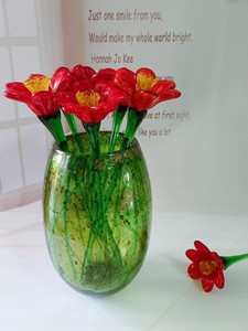 彩色玻璃仿真玫瑰郁金香双层大花带叶家居装饰摆件吹制瓶两支包邮
