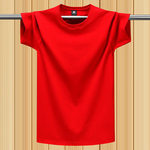 纯棉短袖t恤男女圆领大红色定制班服logo广告文化衫工作服印字图