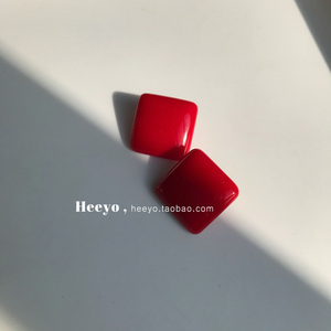 Heeyo 港风复古高级感大红色银耳钉耳饰韩国气质简约方形耳环耳夹