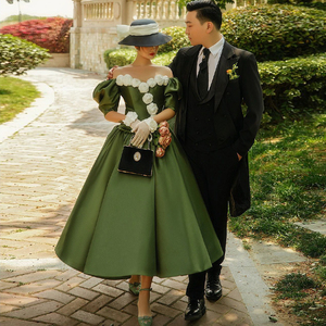 泡泡袖墨绿色复古油画风主题婚纱摄影服装森系法式写真拍照礼服女