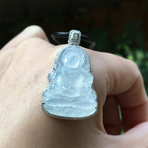 翠心缘翡翠淘宝天然翡翠a货高冰玻璃底度母观音吊坠镶嵌18k金伴高冰