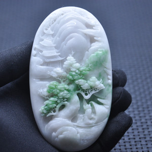 [藏品独玉]南阳玉独山玉白飘翠俏色巧雕独玉山水手把件手玩件翡翠