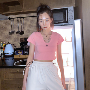 短款露脐上衣女夏紧身bm短袖t恤高腰泫雅风显瘦露腰打底