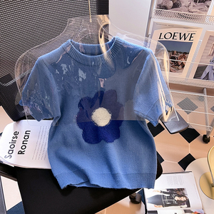 专柜撤回！蓝色花朵泡泡袖毛衣女春季新款减龄洋气短袖圆领针织衫