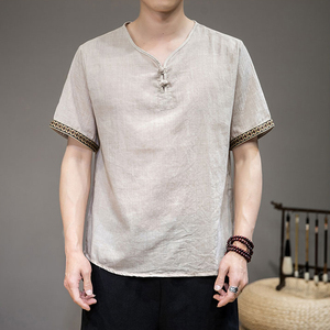 白描中国风大码男装新款棉麻夏装短袖民族风汗衫刺绣亚麻t恤男潮