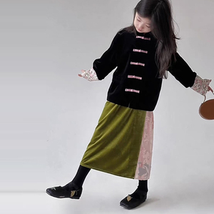 女童新中式盘扣国风唐装秋冬款儿童时髦设计感夹棉丝绒外套亲子装