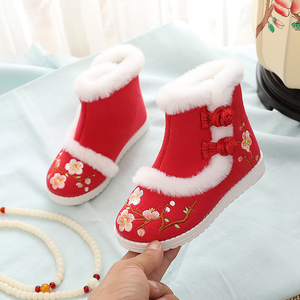 冬款女童汉服鞋子儿童红色拜年棉鞋中国风加绒绣花鞋雪地防滑靴子
