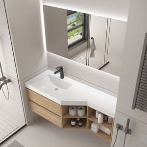 定制原木岩板无缝衔接陶瓷一体盆浴室柜组合斜角异形卫生间洗漱台