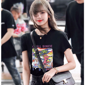 明星lisa同款涂鸦恐龙卡通印花短袖潮牌韩版打底上衣宽松黑色t恤