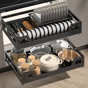 拉篮厨房橱柜304不锈钢双层抽屉式内置锅碗架抽中抽收纳碗碟碗篮