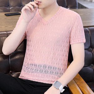 超薄骚粉色网纱短袖冰丝t恤男v领镂空网状透明半袖衫热天性感衣服