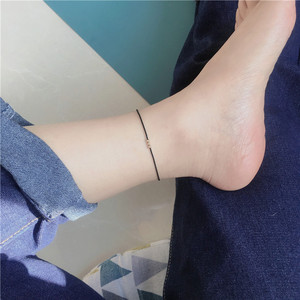 极细黑色幸运磨砂金珠脚绳转运招财红绳手工编织两股拧绳男女脚链