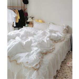 法式浪漫蕾丝花边全棉四件套床裙款公主风白色纯棉三件套可机洗