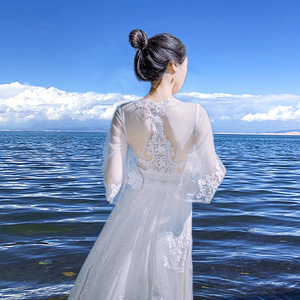 云南洱海青海湖民族风喇叭袖白色蕾丝连衣裙超仙女写真大摆长裙子
