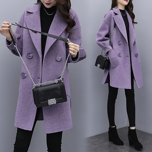 小个子紫色毛呢外套女2024秋春新款韩版中长款灯笼袖呢子大衣女