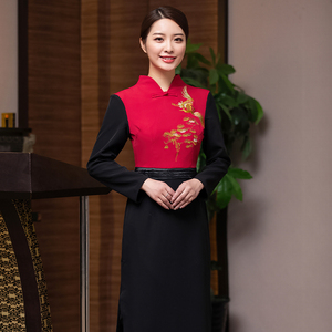 秋冬高端酒店迎宾服务员工作服女长袖中国风餐厅饭店前台礼仪旗袍
