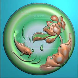 精雕图深雕凹底鲤鱼戏水滴水莲花荷叶电脑雕刻玉雕图荷花鲤鱼圆牌